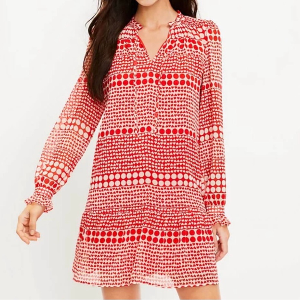 LOFT Red & White Heart Polka Dot Tie Neck Artsy Boho Fun Dress Size M